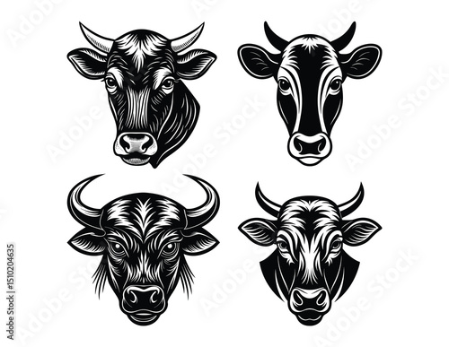 Cow Head Outline in Retro Style.