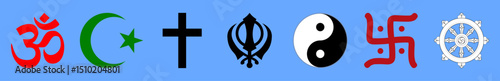 Vector illustration of diverse religious symbols including Om, Islamic crescent and star, Christian cross, Sikh Khanda, Yin Yang, Swastika, and Dharma wheel. Concept of world religions and unity.
