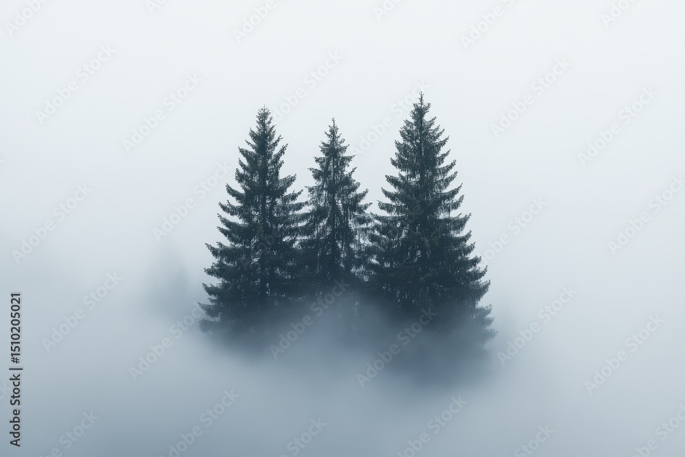 Fototapeta premium Mystical Trees in Fog: Majestic trees rise out of a sea of ethereal fog, creating a moody and atmospheric landscape that evokes a sense of mystery and serenity. 