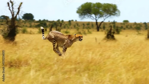 A cheetah running in the savanna