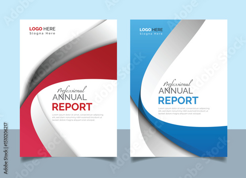 Modern Annual Report Cover Design Template with Dynamic Wave Elements for Business Presentations and Marketing Materials in Red and Blue