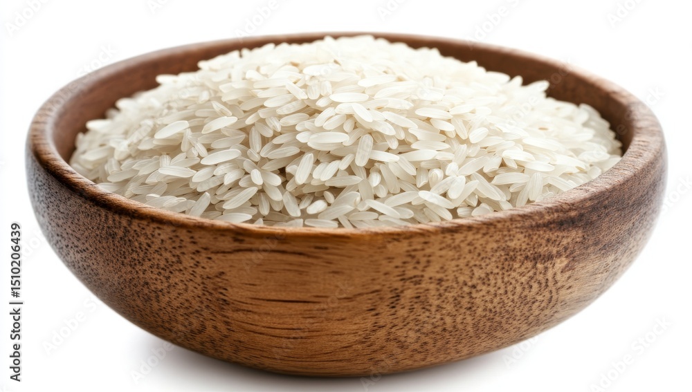 Uncooked rice is the focal point in a wooden bowl, providing ample space for additional design or copy elements nearby