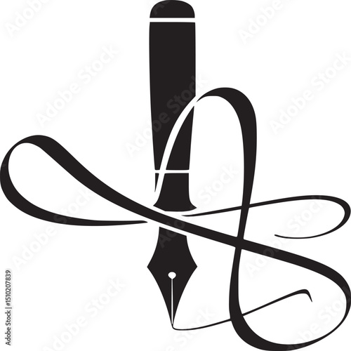 Black and white image of a pen with swirling lines around the pen tip
