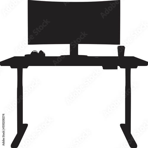 A black desk with a monitor headphones and a cup of coffee on top of it