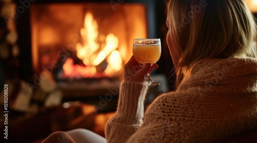 Woman drinking a cocktail and relaxing by the fire place