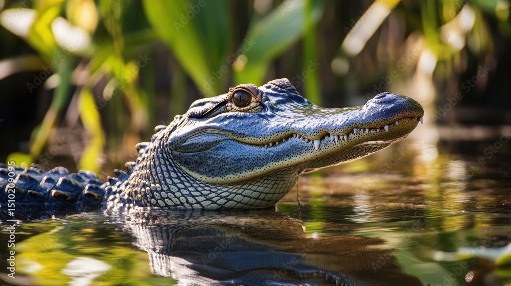 Fototapeta premium Mesmerizing American Alligator Gliding Through the Sunlit Waters of the Swamp