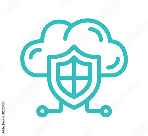 Cloud security concept with shield and network elements illustrated in blue. Digital insurance icon cyber security symbols concept.