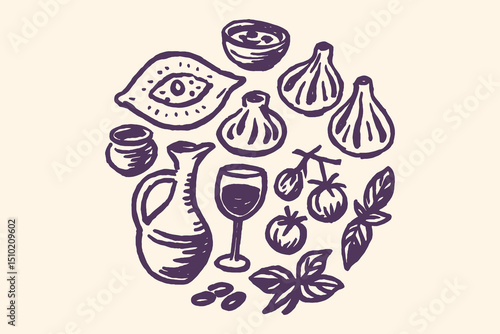 Georgian food sketch set naive minimal style vector illustration