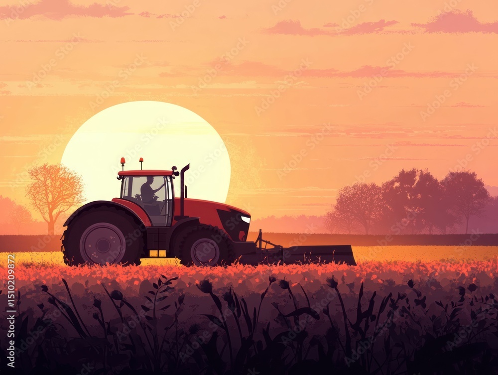 Fototapeta premium Farm tractor at sunset