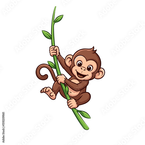 Playful Brown Monkey Cartoon Illustration Climbing Green Vine