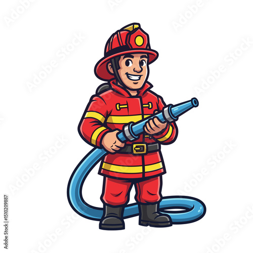 Smiling Firefighter Cartoon Illustration with Hose