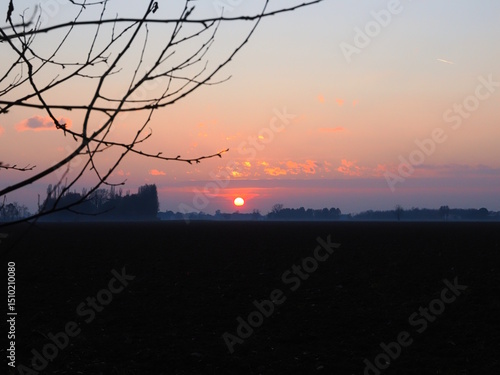 Sunset in Volano, a town in the province of Ferrara. Po Valley, Po Delta, Northern Italy.