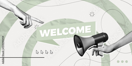 Trendy Halftone Collage Megaphone with Welcome speech bubble. Hand holding loudspeaker. Banner for business, marketing and advertising. New job. Contemporary vector illustration art