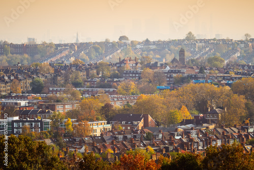 Photography View of London suburbs seen from Alexandra Palace during autumn, England