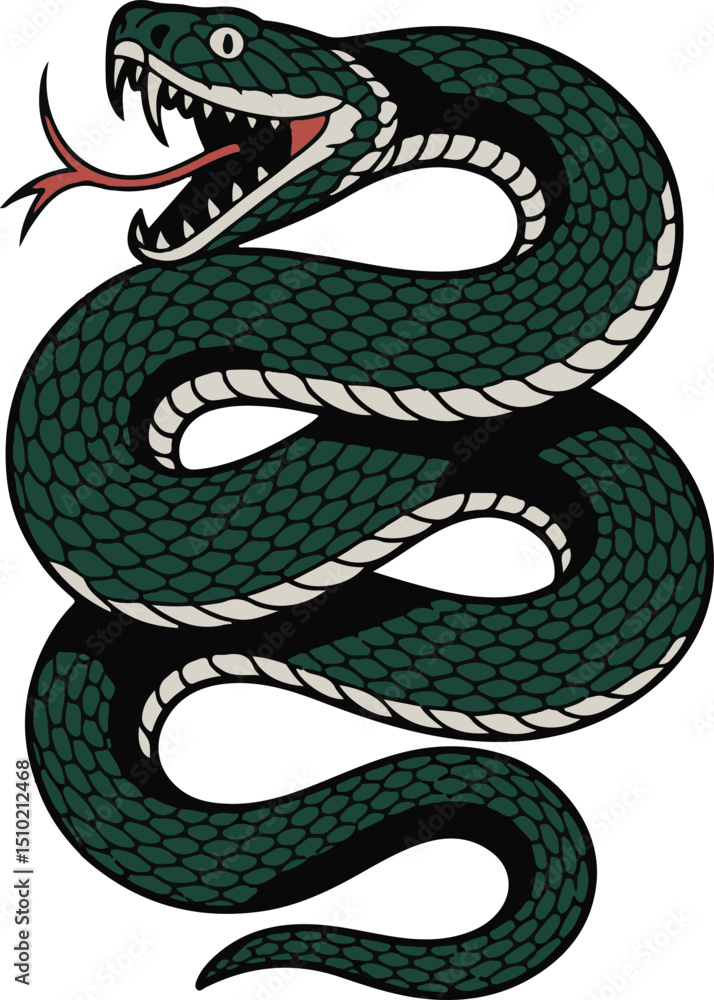 Fototapeta premium Coiled Green Snake with Open Mouth