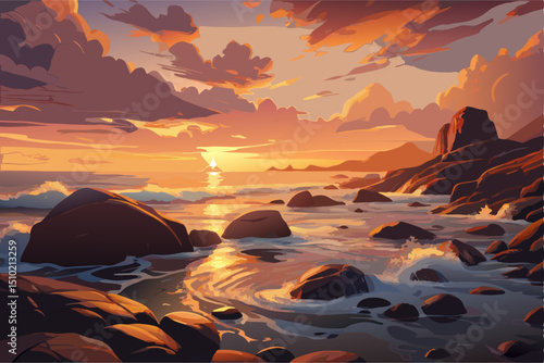 Stunning Sunset Ocean Landscape Painting, Rocky Coastline