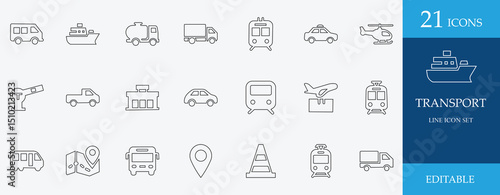 Transport line icon set featuring car, train, ship, bus, taxi, truck, airplane, delivery, station, travel, and mobility symbols. Perfect for public transport design