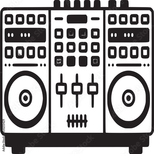 Illustration of a dj controller with knobs and sliders on white background