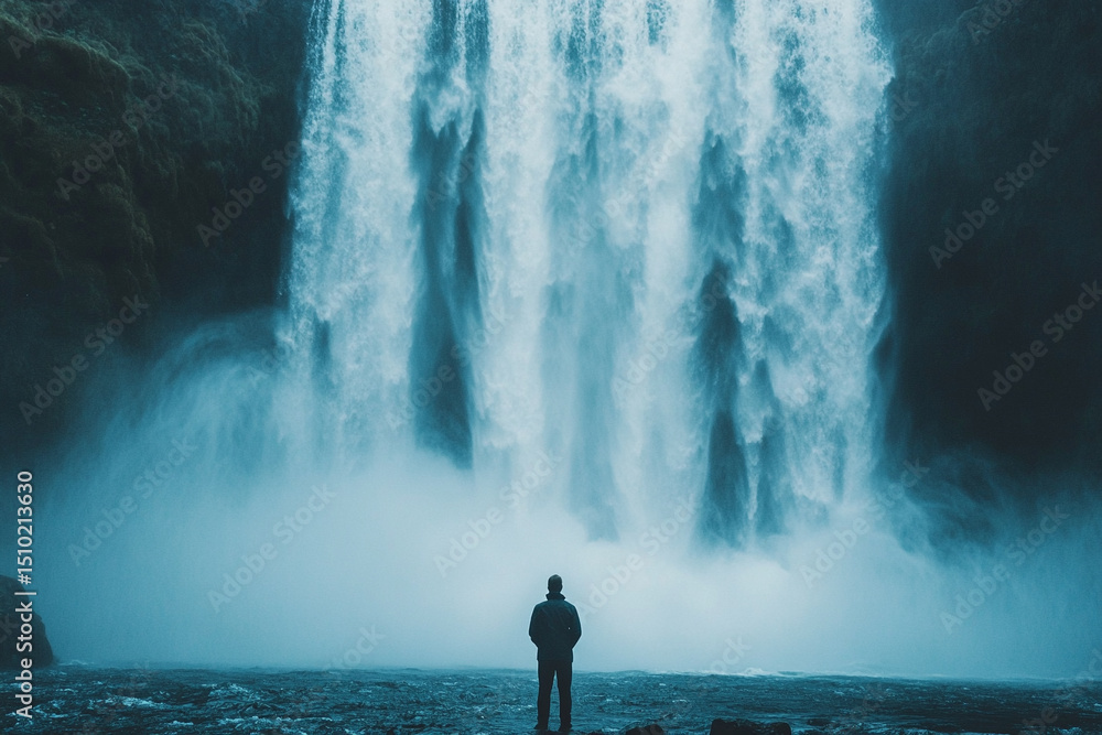 Obraz premium Man standing at the base of a giant waterfall