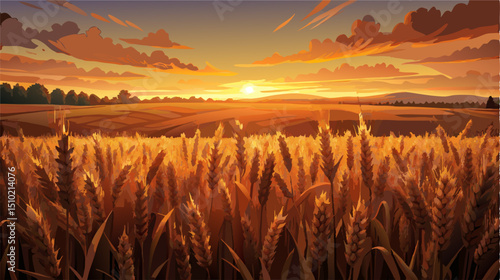 Golden Wheat Field Sunset Landscape Painting