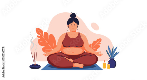 Woman meditating in a cozy room with plants and candles - Concept of fat people do sports  