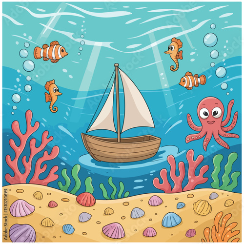 a scene of sea creatures,a ship,and seashells 34.eps