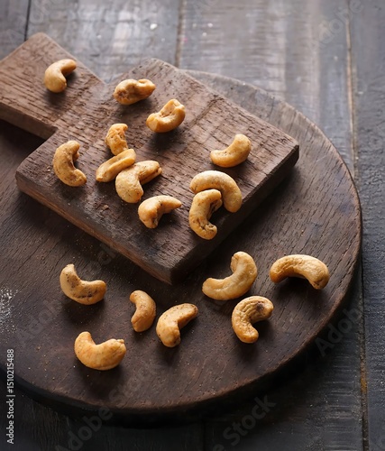 Crunchy Cashew Nuts on Wooden Cutting Board