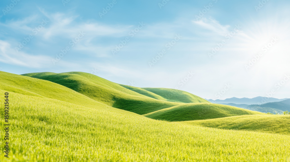 Fototapeta premium Sunny green rolling hills under clear blue sky with lush grass and distant mountains on a bright spring morning landscape