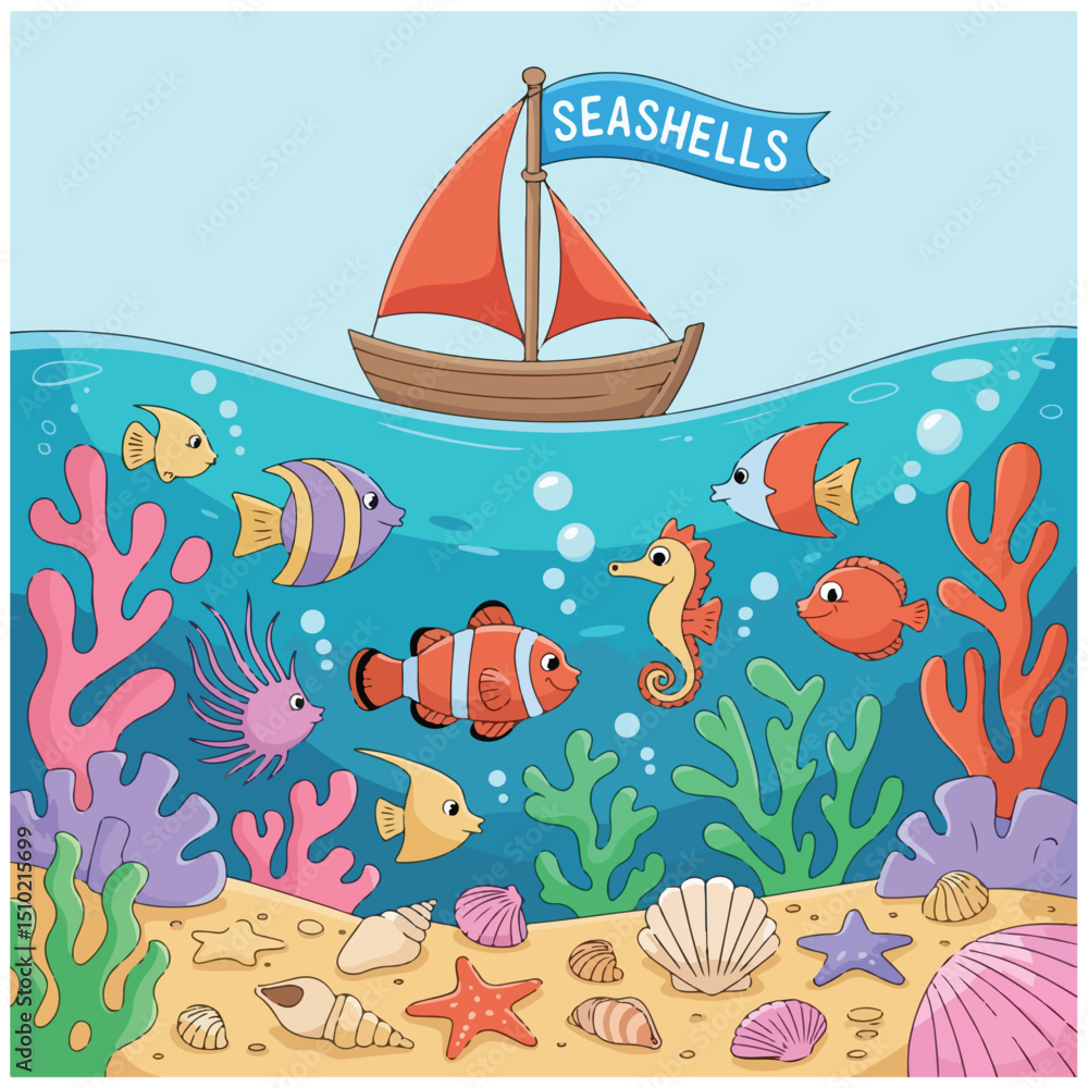 Fototapeta premium a scene of sea creatures,a ship,and seashells 26.eps