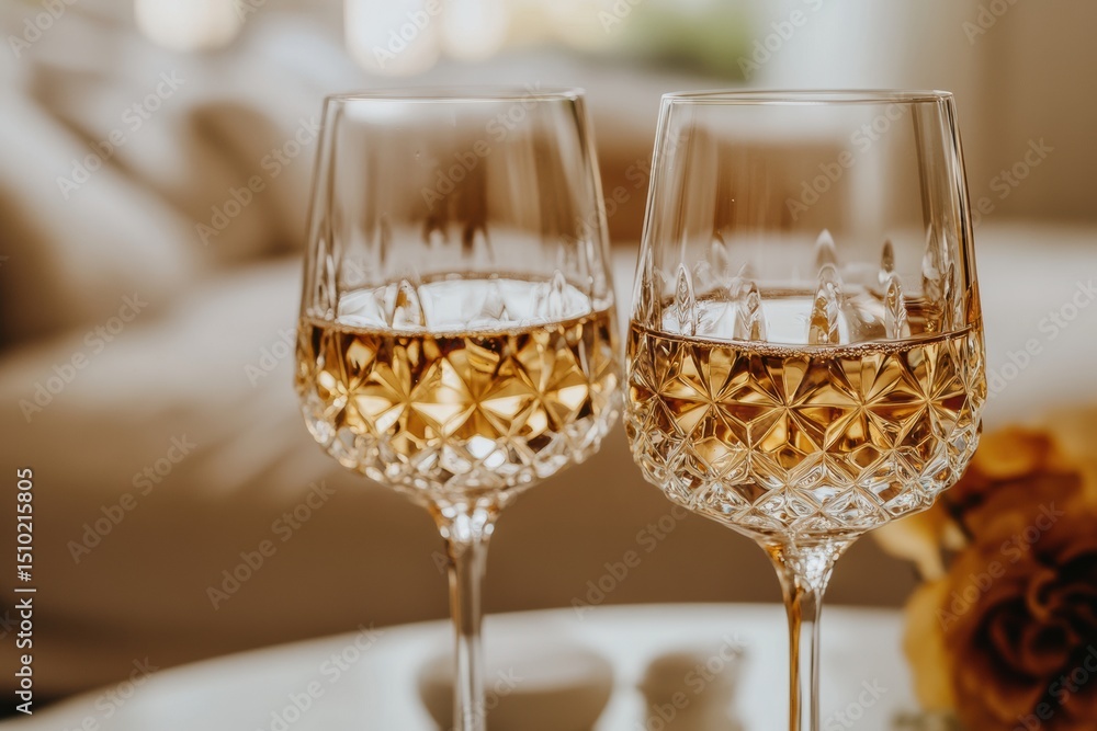 Obraz premium Close-up of two crystal wine glasses with golden liquid. Elegant cut glass pattern. Warm ambient light. Cozy indoor setting. Romantic and luxurious atmosphere. Celebration concept. Shallow depth