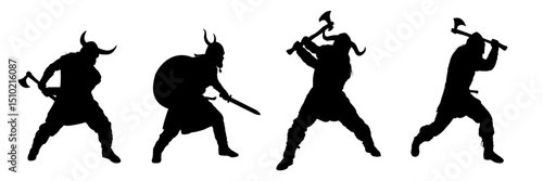 set of viking warrior silhouettes with sword and axe – vector illustration