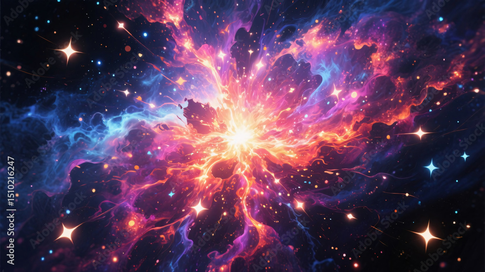 Fototapeta premium Glowing serotonin molecules bursting in the universe to create a smiling galaxy filled with vibrant euphoric tones
