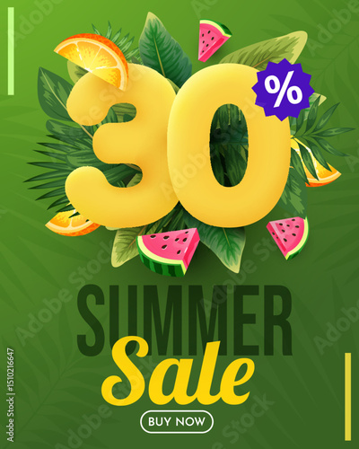 Summer sale vector design. Summer sale with 30 percent's 3d discount text with beach elements. Vector illustration summer sale promo.