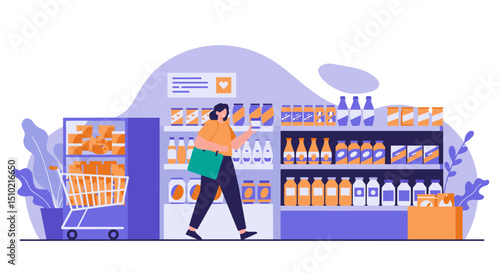 Person shopping for groceries in a supermarket aisle with products  