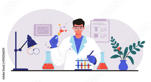 Male scientist conducting experiments in laboratory with equipment  