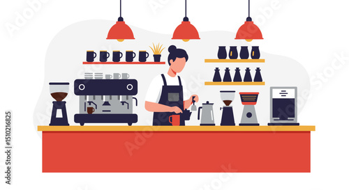 Barista preparing coffee at a modern cafe counter with equipment  