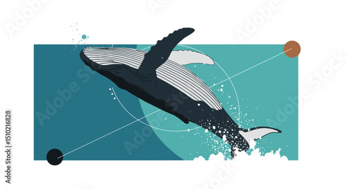 Digital illustration of a whale breaching in ocean water  