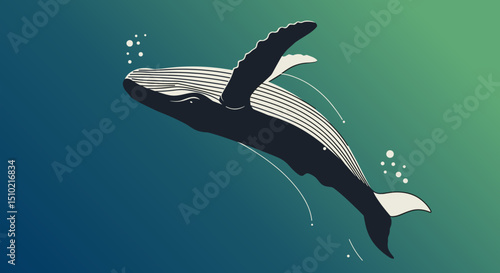Stylized whale swimming gracefully against a gradient ocean background  