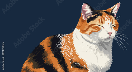 Calico cat with closed eyes against a dark blue background  