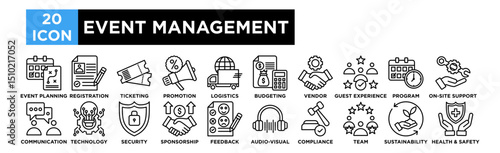 Event management icon collection set. Event Planning, Registration, Ticketing, Promotion, Logistics