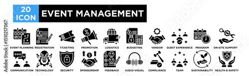 Event management icon collection set. Event Planning, Registration, Ticketing, Promotion, Logistics
