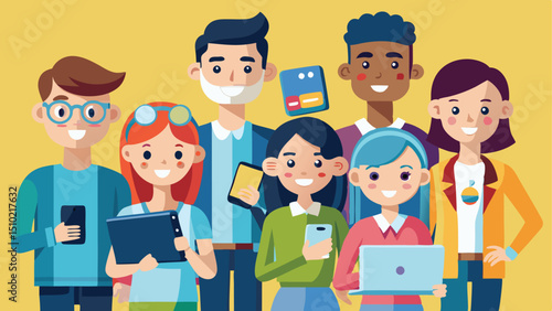 Diverse Group of Cartoon People Holding Devices, Smiling on Yellow Background Illustration