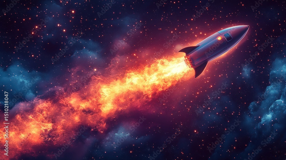 Rocket ship soaring through a fiery nebula in the cosmos Rocket ship soaring through a fiery nebula in the cosmos