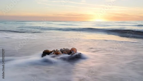 Seaside Serenity: Shells and Waves at Sunset on a Calm Beach