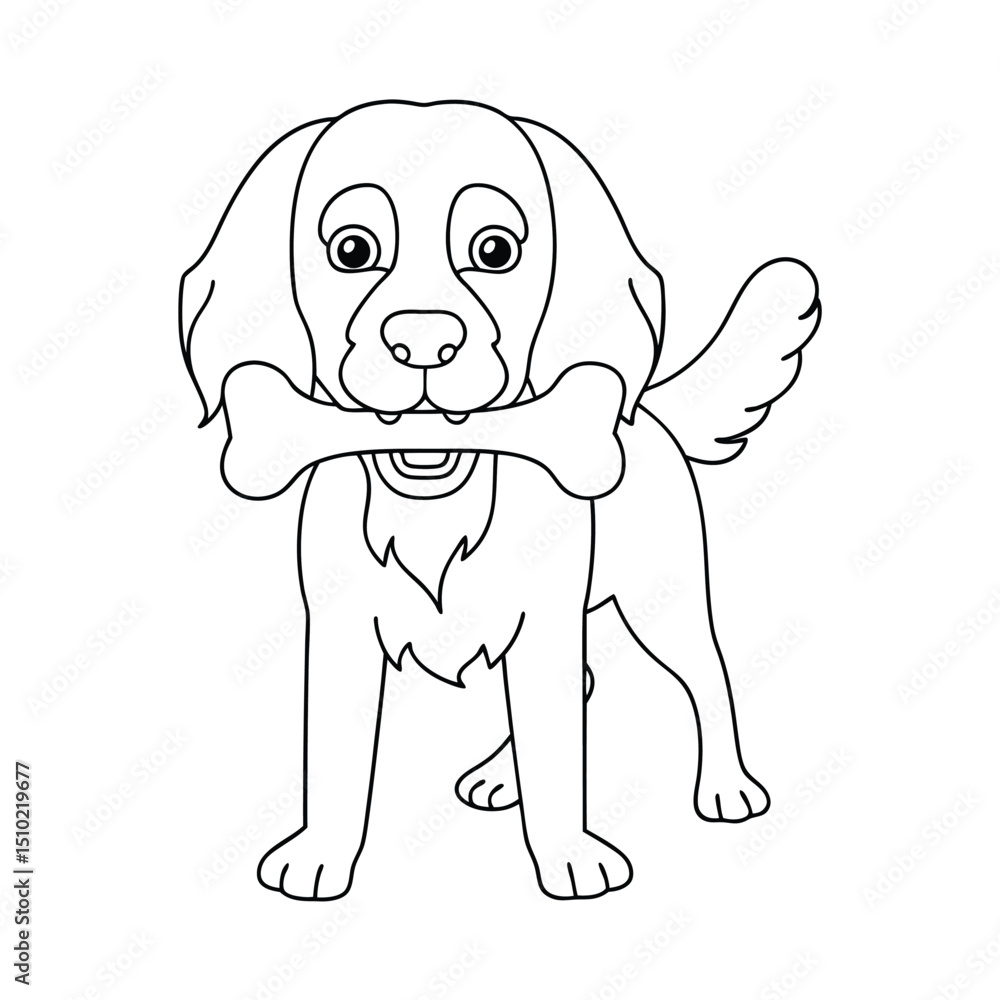 Fototapeta premium Adorable cartoon dog holding a bone line art illustration