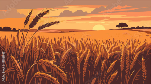 Sunset over Golden Wheat Field, Rural Landscape