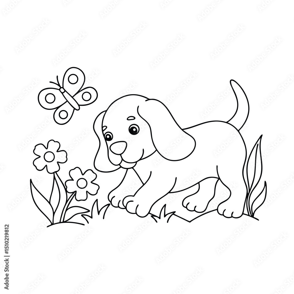 Fototapeta premium Adorable puppy in garden line art coloring page