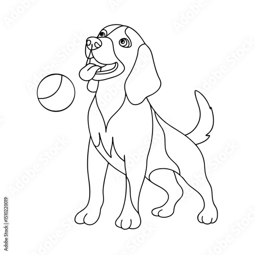 Happy beagle dog playing fetch line art illustration