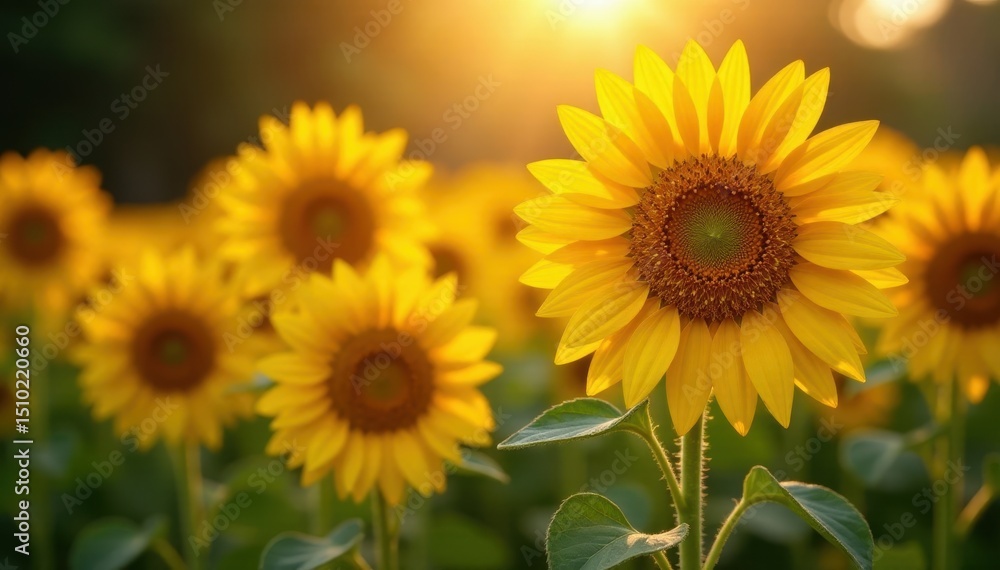 Fototapeta premium Golden glowing sunflowers standing in a field with sparkling lights around them, sunflowers, flowers, field