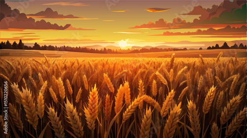 Golden Wheat Field Sunset Landscape - Rural Scenery